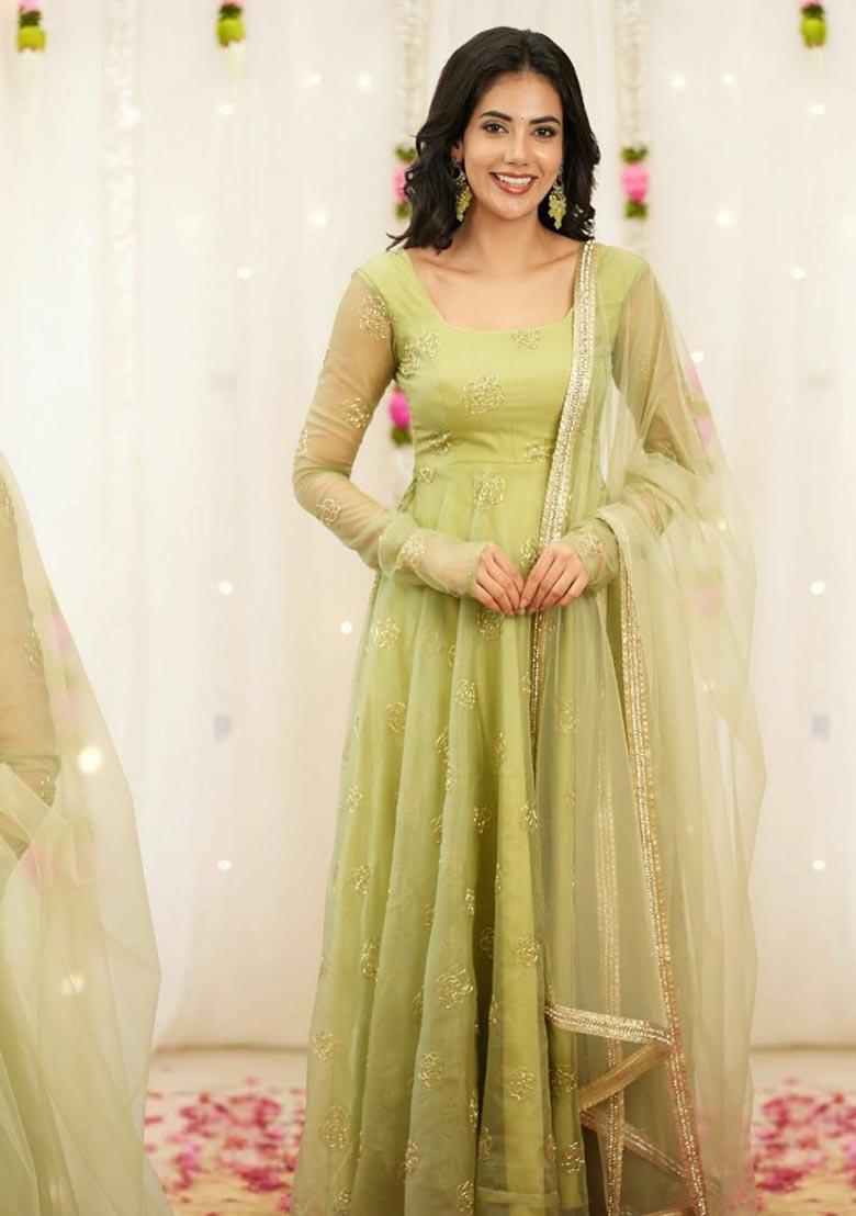 Green Embroidery Tabby Organza Salwar Kameez - Indya