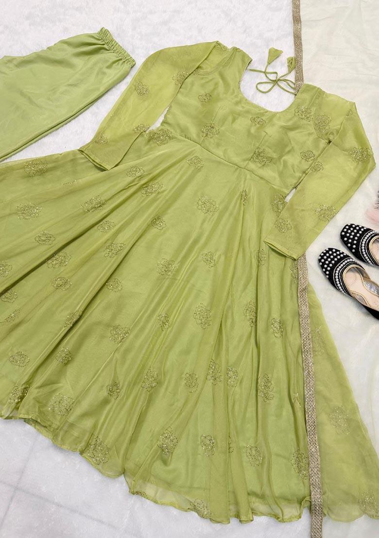 Green Embroidery Tabby Organza Salwar Kameez - Indya