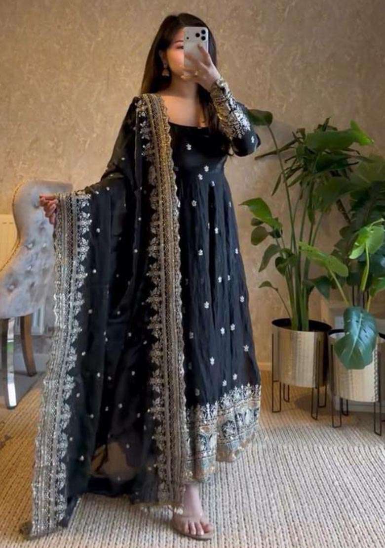 Black Embroidered Georgette Anarkali Set - Indya