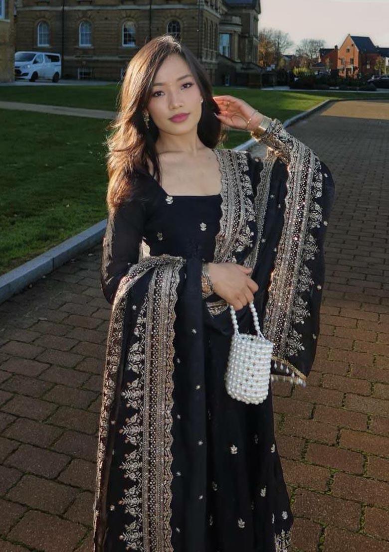 Black Embroidery Georgette Salwar Kameez - Indya