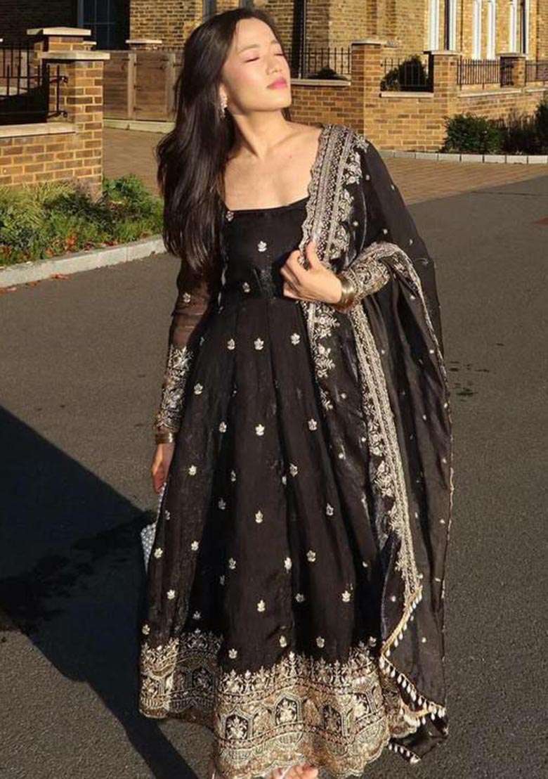 Black Embroidered Georgette Anarkali Set - Indya