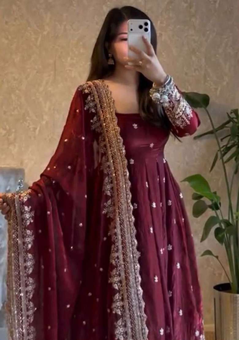 Maroon Embroidered Georgette Anarkali Set - Indya