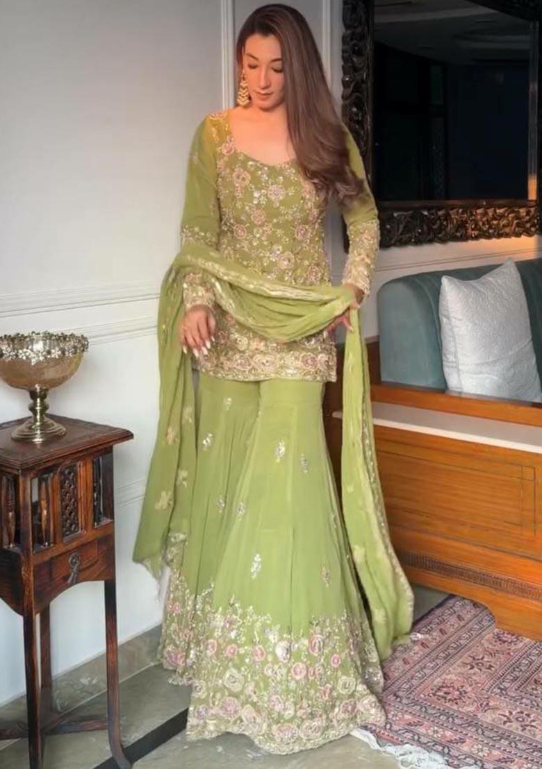 Green Embroidery Georgette Salwar Kameez - Indya