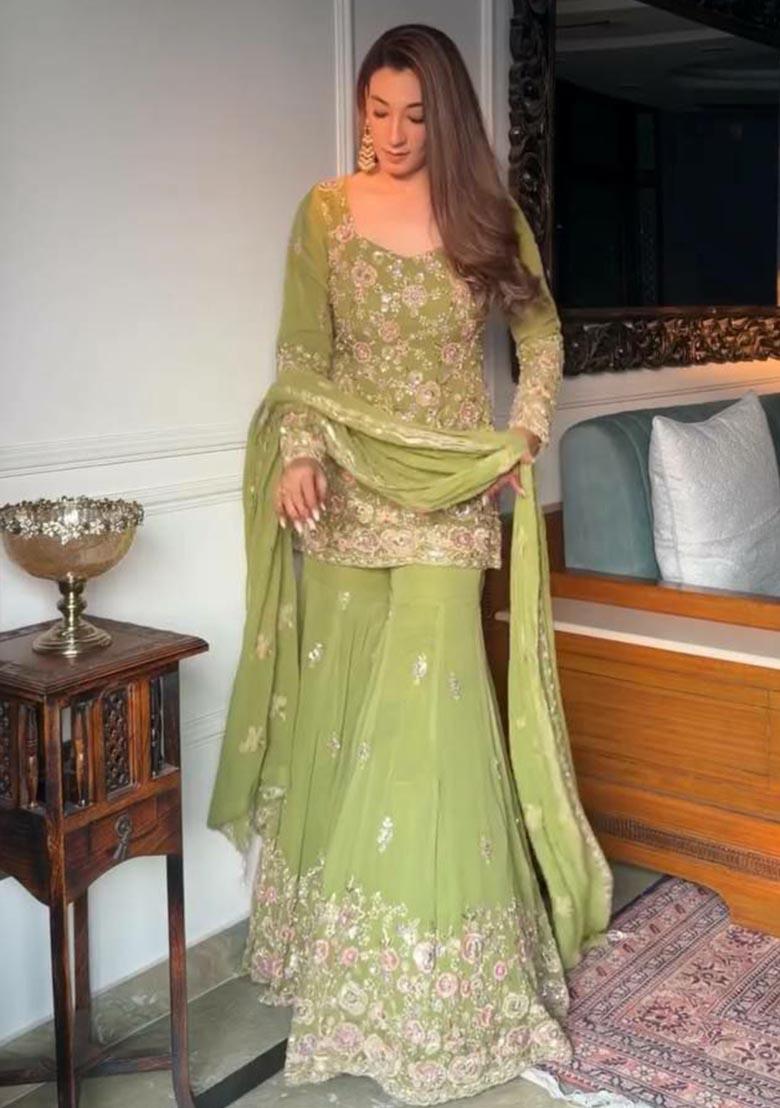 Green Embroidery Georgette Salwar Kameez - Indya