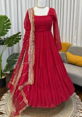 Red Embroidery Georgette Salwar Kameez