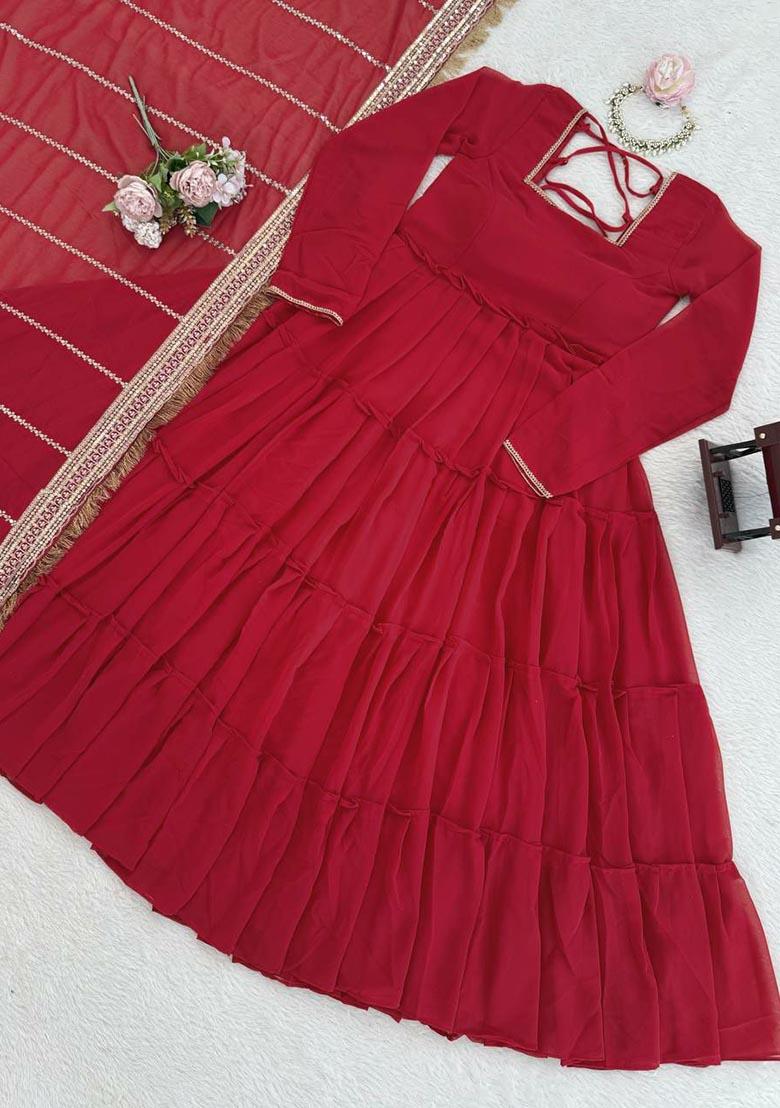 Red Embroidery Georgette Salwar Kameez - Indya