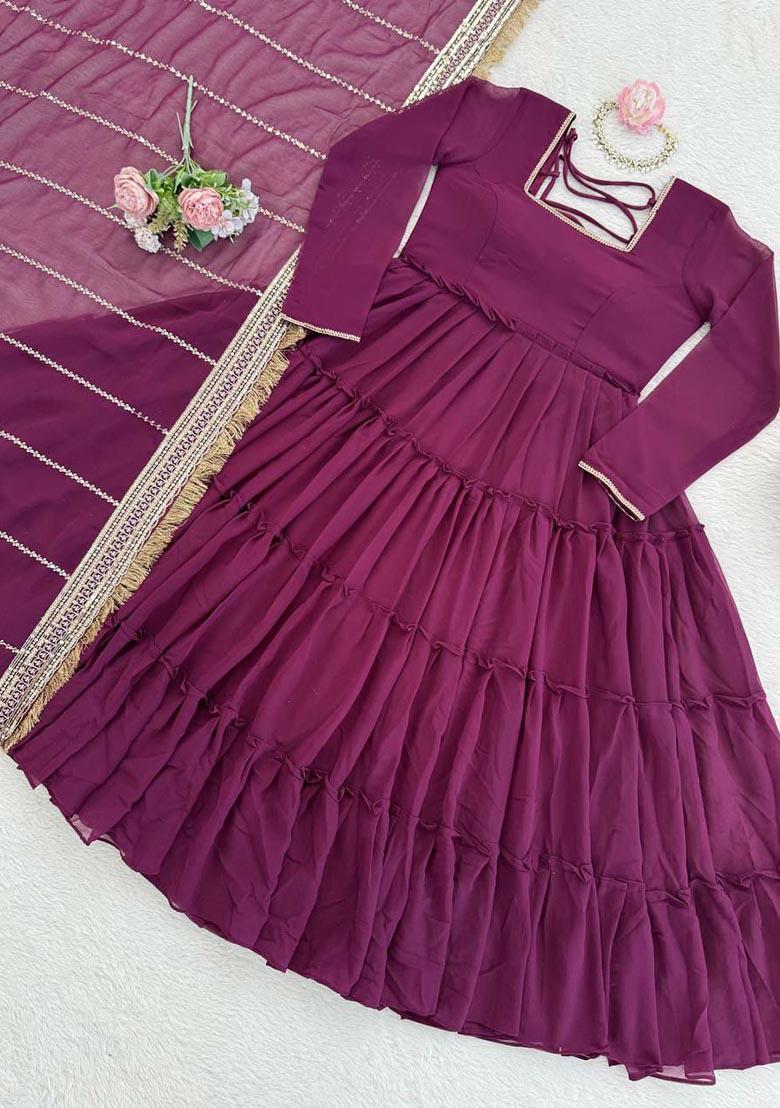 Purple Embroidery Georgette Salwar Kameez - Indya