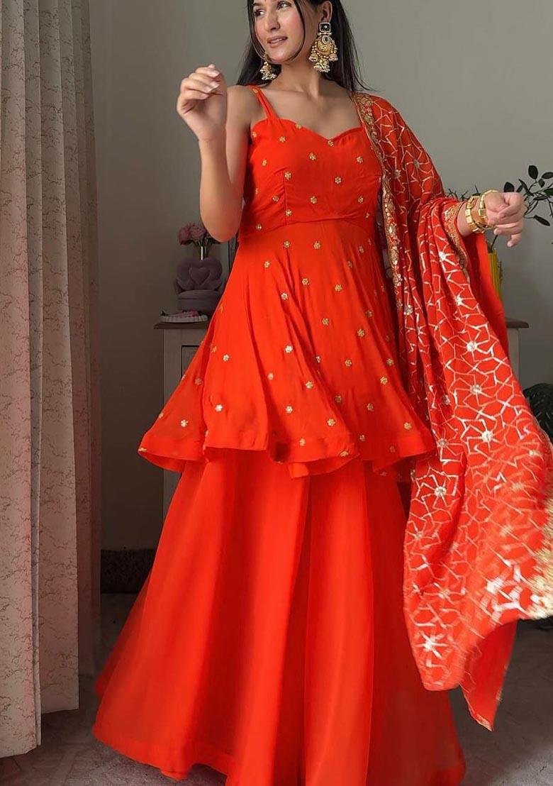 Orange Embroidery Georgette Salwar Kameez - Indya