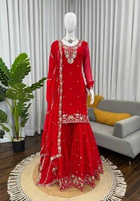Red Embroidery Georgette Salwar Kameez