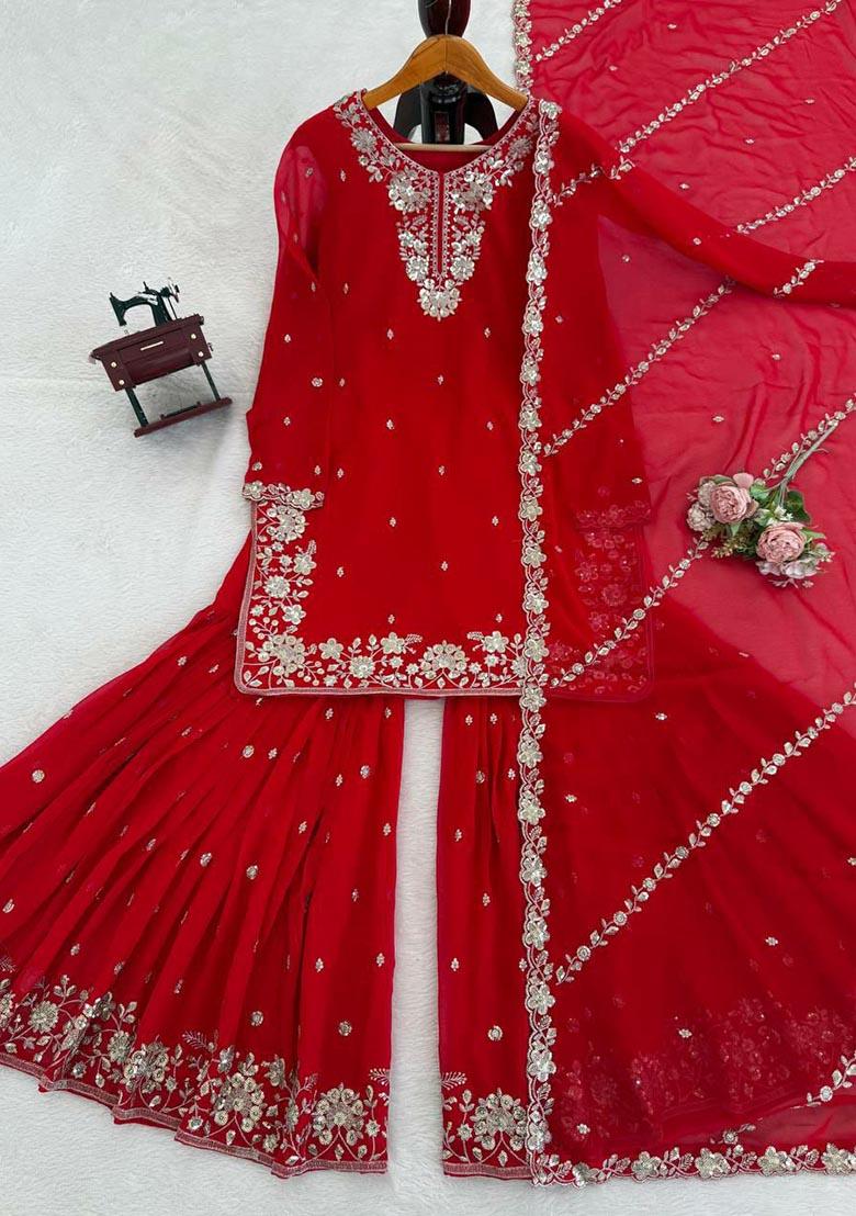 Red Embroidery Georgette Salwar Kameez - Indya