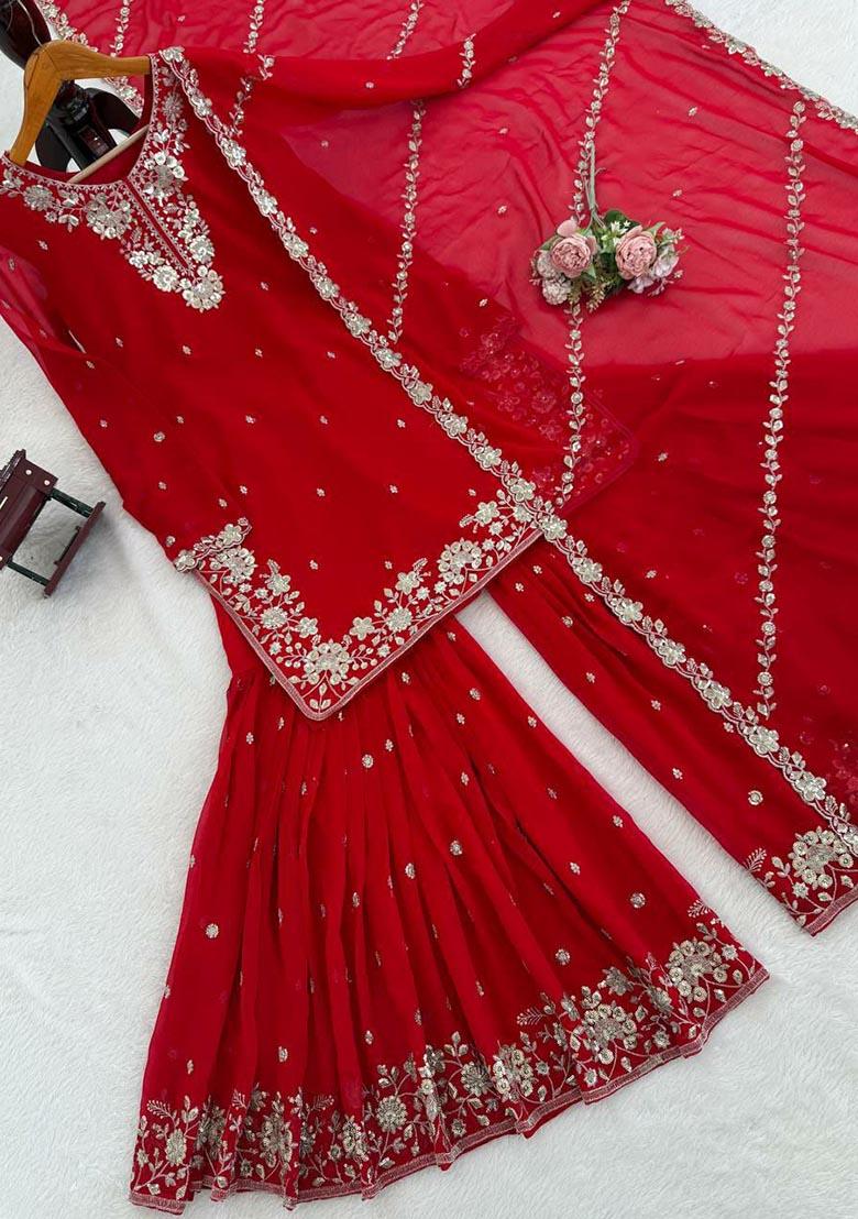 Red Embroidery Georgette Salwar Kameez - Indya