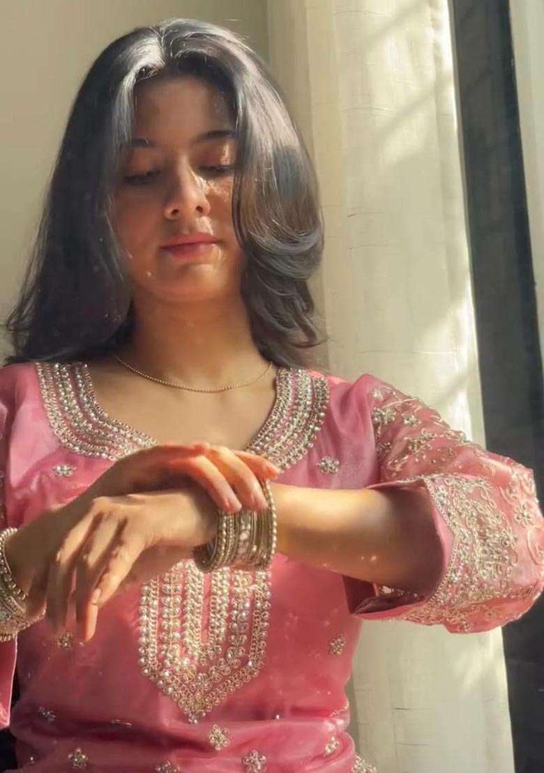 Pink Embroidered Georgette Straight Kurta Set - Indya