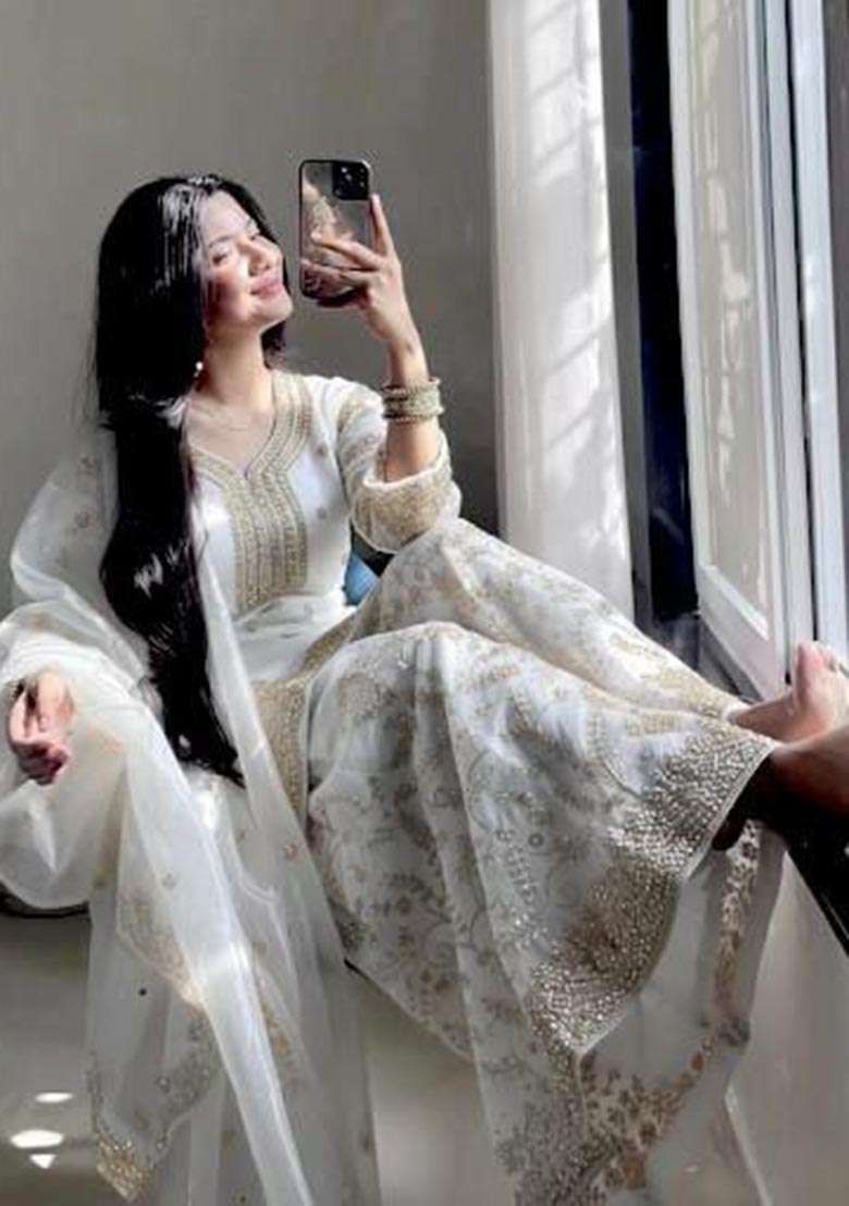 White Embroidered Georgette Anarkali Set - Indya
