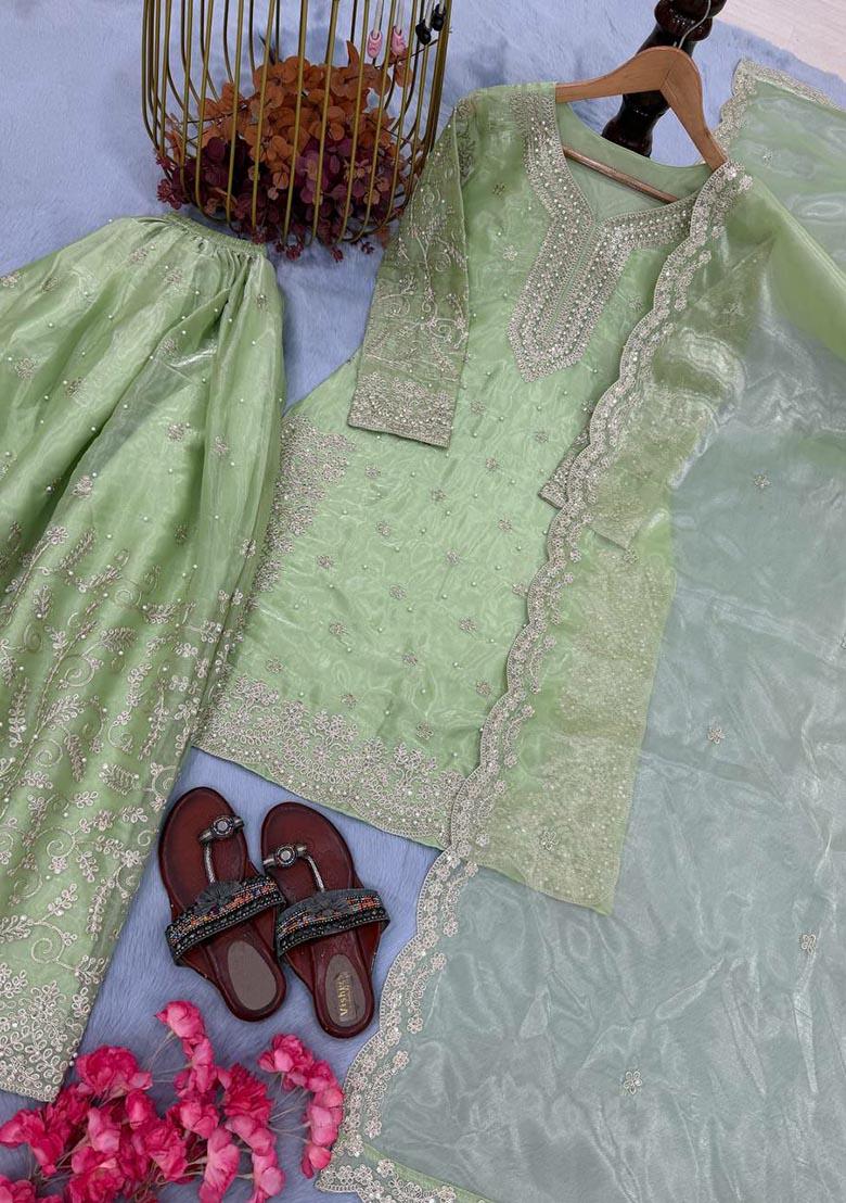 Green Embroidery Pur Jimmy Choo Salwar Kameez - Indya