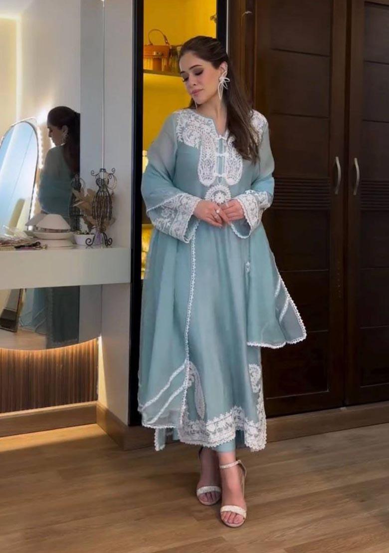 Blue Embroidery Silk Salwar Kameez - Indya