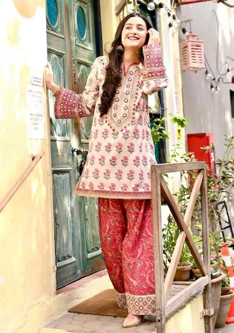 White Embroidery Pur Natural Crepe Salwar Kameez - Indya
