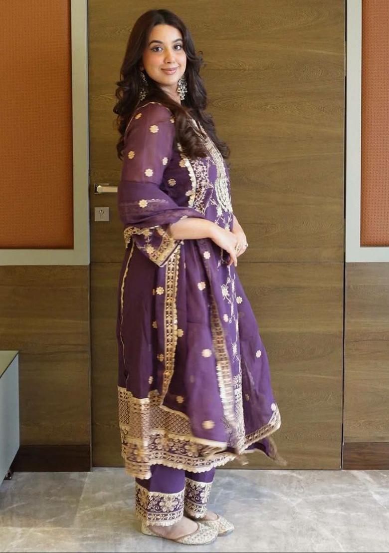 Purple Embroidery Chinon Salwar Kameez - Indya