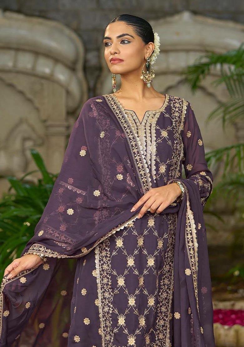 Purple Embroidery Chinon Salwar Kameez - Indya
