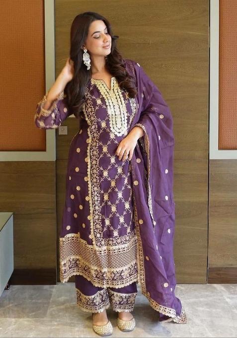 Purple Embroidery Chinon Salwar Kameez
