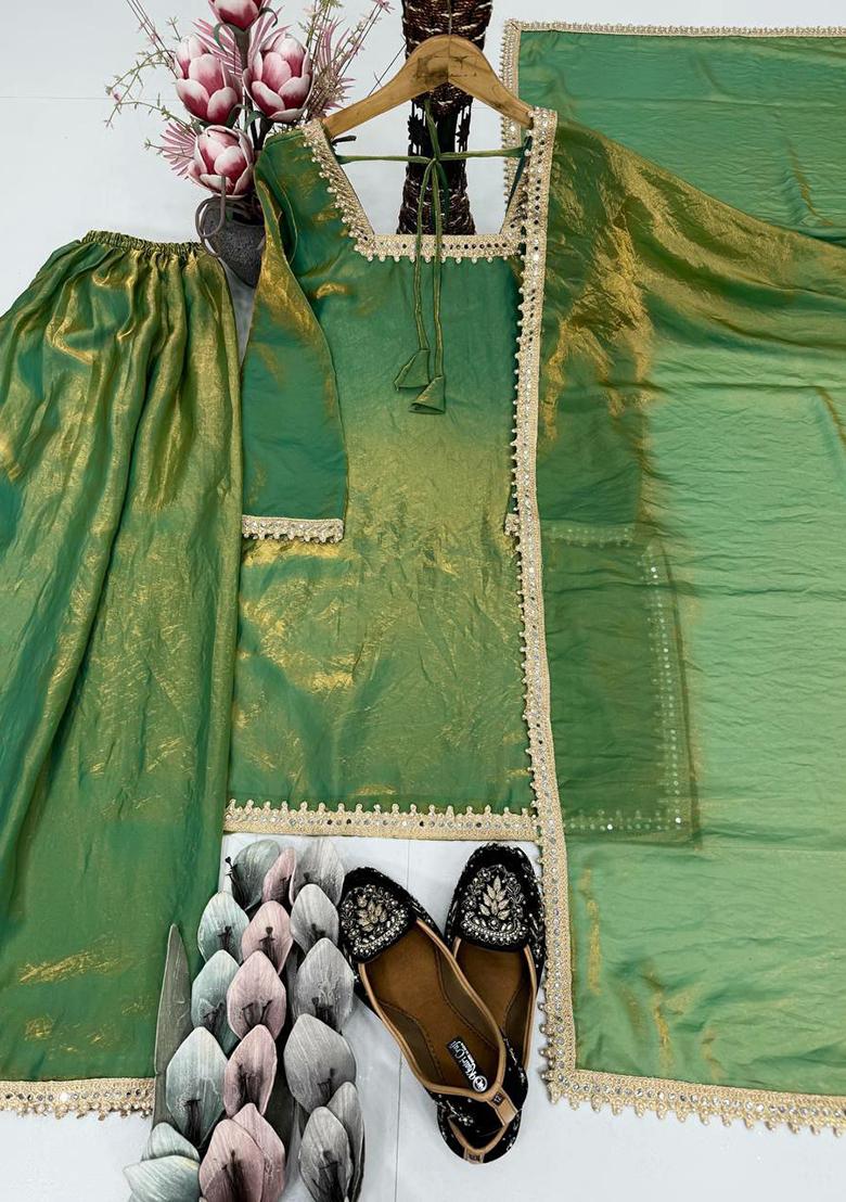 Green Embroidery Silk Salwar Kameez - Indya