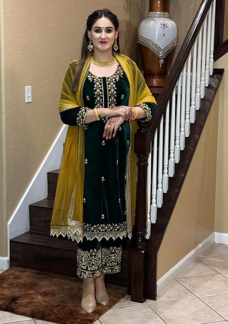 Green Embroidery Velvet Salwar Kameez - Indya