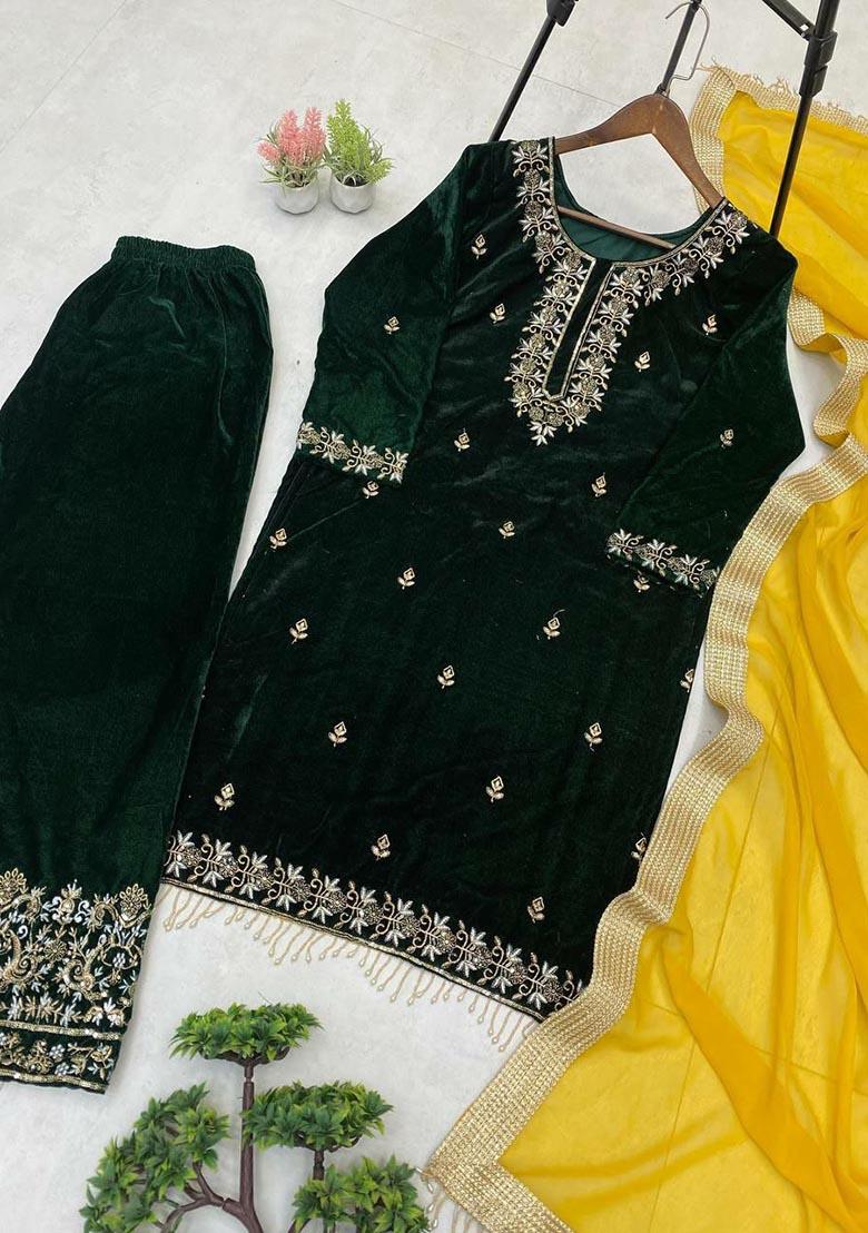 Green Embroidery Velvet Salwar Kameez - Indya
