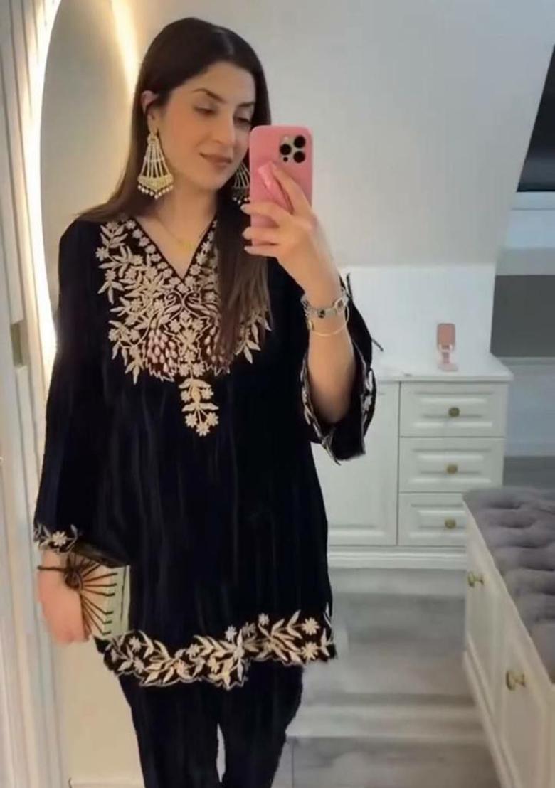 Black Embroidery Velvet Salwar Kameez - Indya
