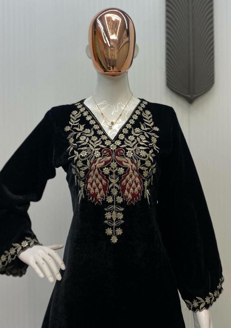 Black Embroidery Velvet Salwar Kameez - Indya