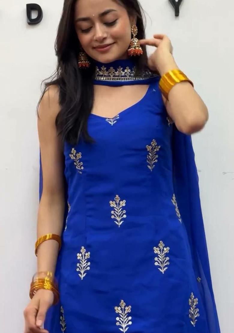 Dark Blue Embroidery Georgette Salwar Kameez - Indya