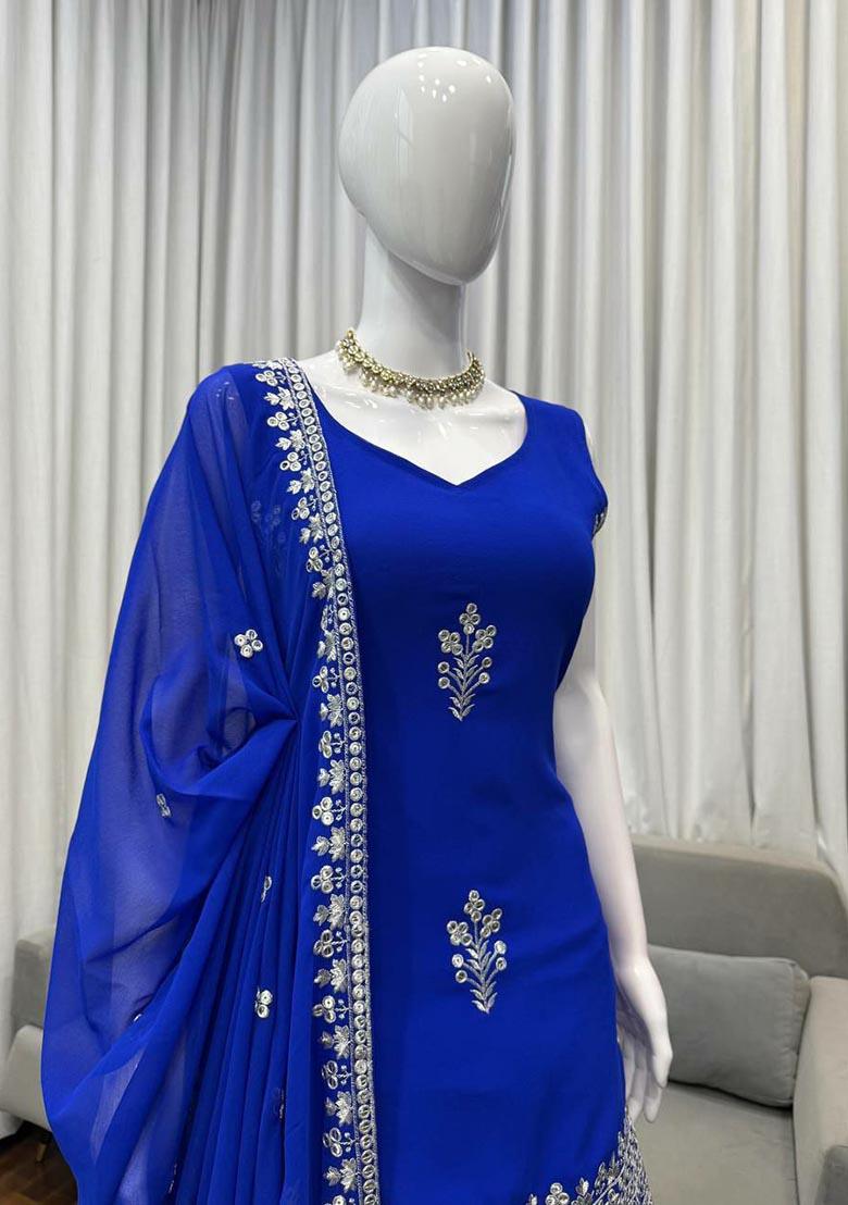 Dark Blue Embroidery Georgette Salwar Kameez - Indya