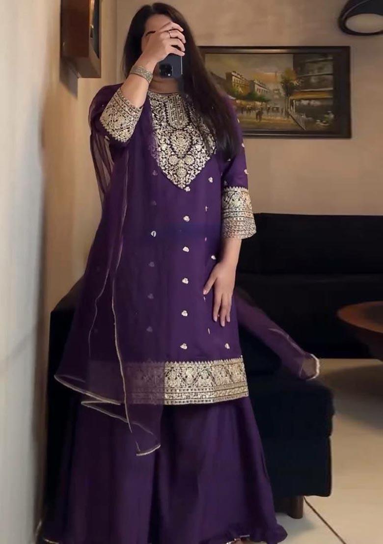 Purple Embroidery Georgette Salwar Kameez - Indya
