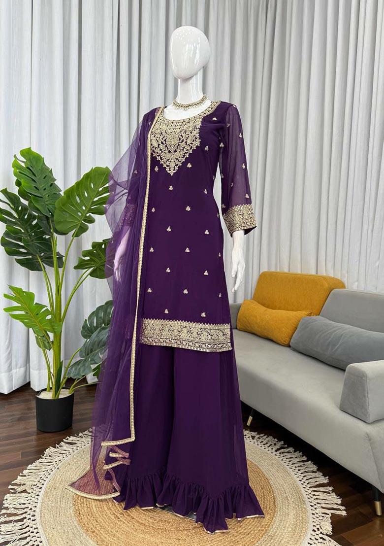 Purple Embroidery Georgette Salwar Kameez - Indya