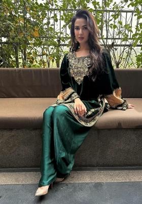 Green Embroidery Viscose Velvet Salwar Kameez