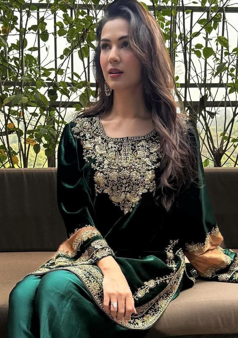 Green Embroidery Viscose Velvet Salwar Kameez - Indya