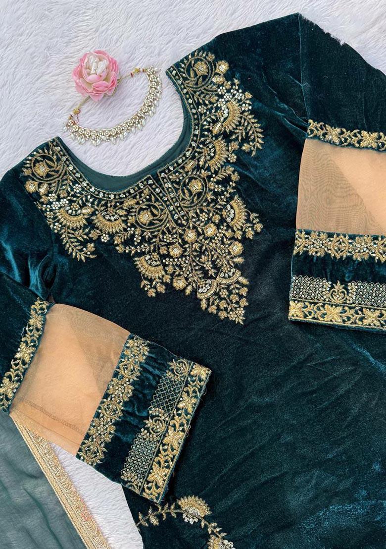 Green Embroidery Viscose Velvet Salwar Kameez - Indya