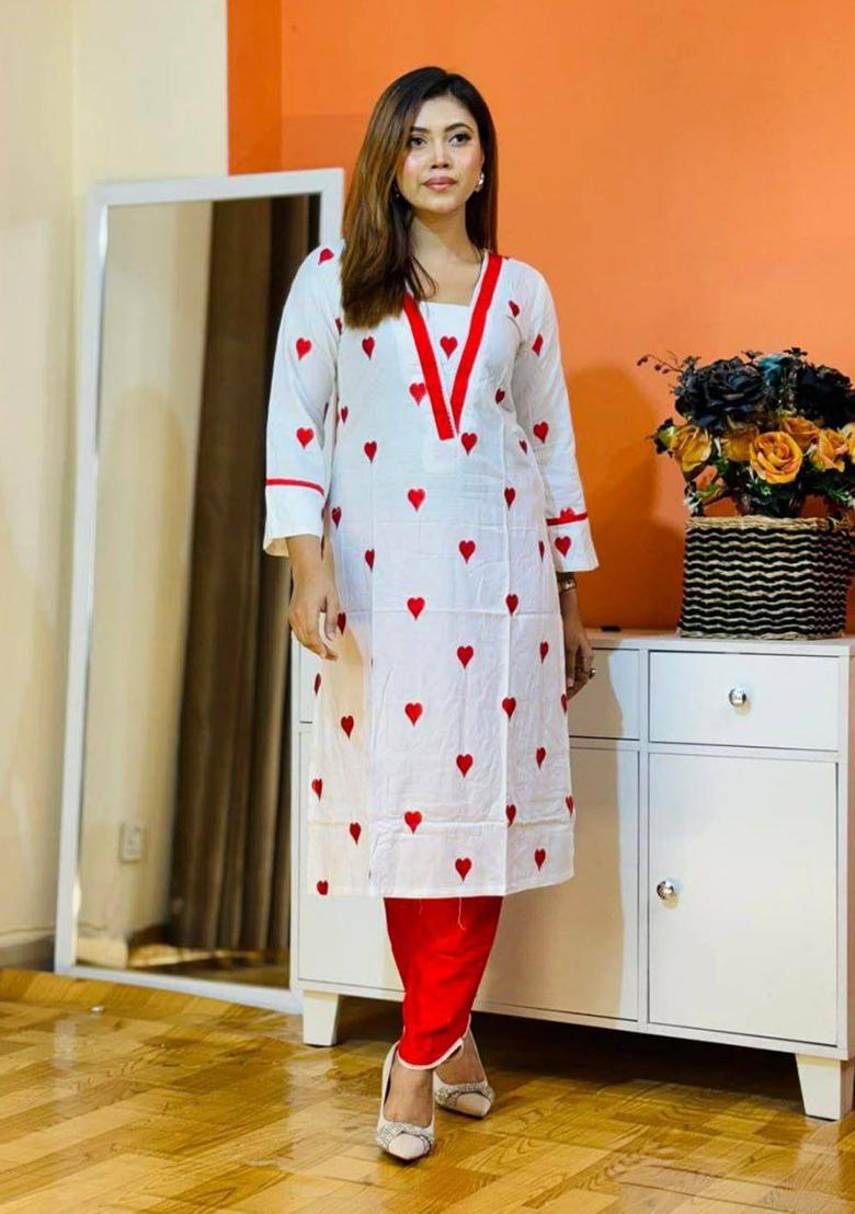 White Embroidery Rayon Kurti Set - Indya