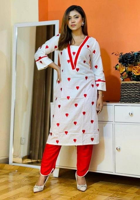 White Embroidery Rayon Kurti Set
