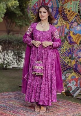 Rani Pink Embroidery Chinon Kurti Set
