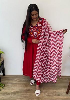 Red Embroidery Cotton Blend Kurti Set