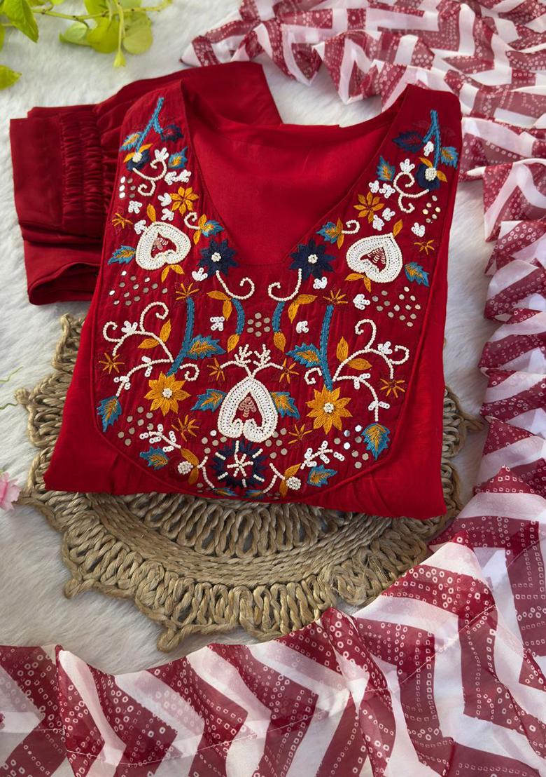 Red Embroidery Cotton Blend Kurti Set - Indya