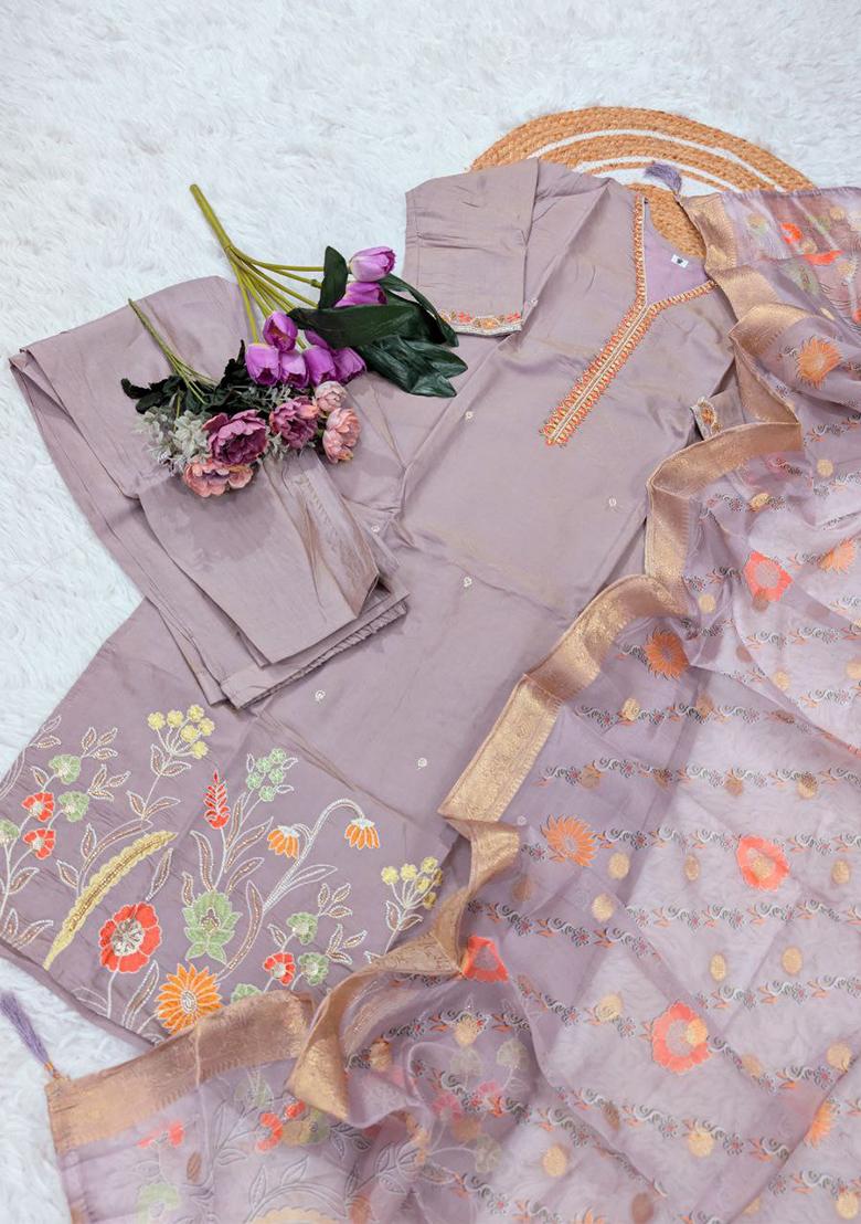 Purple Embroidery Silk Kurti Set - Indya