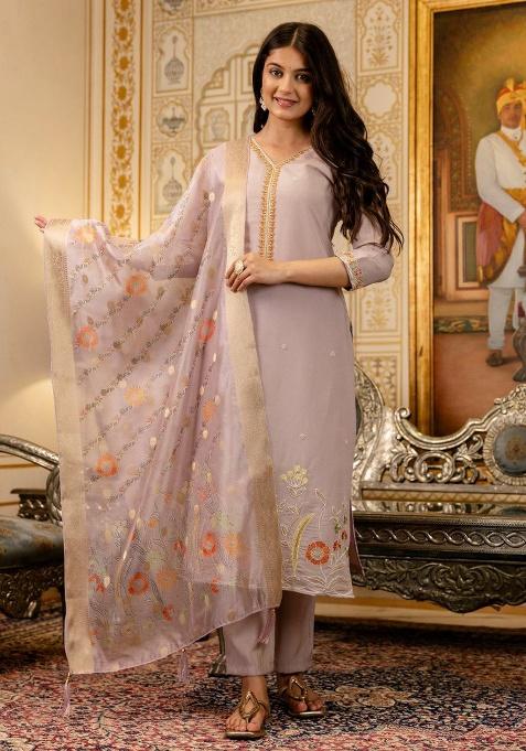 Purple Embroidery Silk Kurti Set