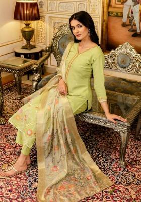 Green Embroidery Silk Kurti Set