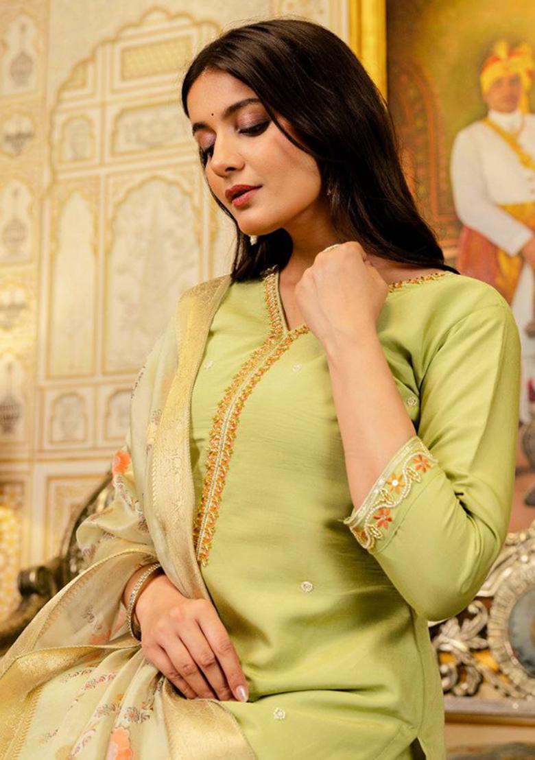 Green Embroidery Silk Kurti Set - Indya