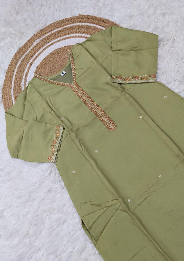 Green Embroidery Silk Kurti Set - Indya