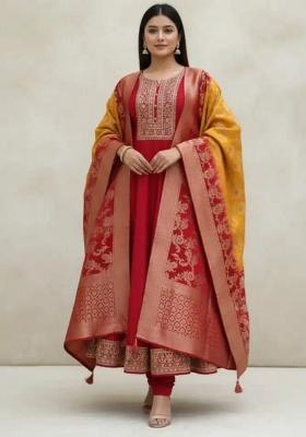 Red Embroidery Chanderi Kurti Set