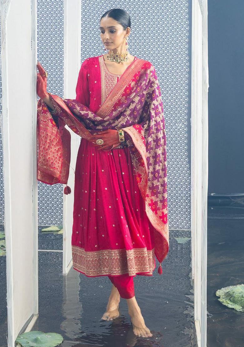 Red Embroidery Silk Kurti Set - Indya