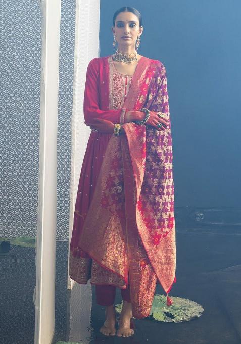 Red Embroidery Silk Kurti Set