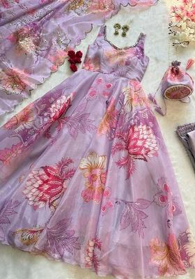 Purple Embroidery Silk Kurti Set