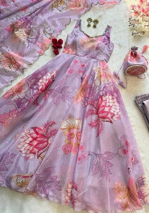 Purple Embroidery Silk Kurti Set